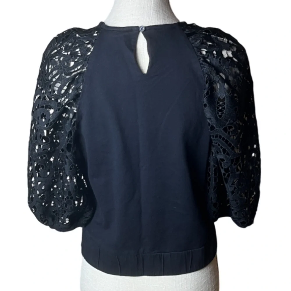 Dolan Anthropologie Lace Puff Sleeve Cropped Black Top - Medium